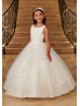 Beaded Ivory Lace Tulle Beautiful Flower Girl Dress With Satin Hem